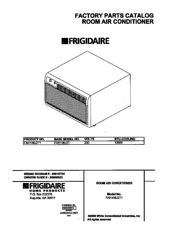 COVER Diagram and Parts List for FAH106J2T1  Frigidaire Air Conditioner
