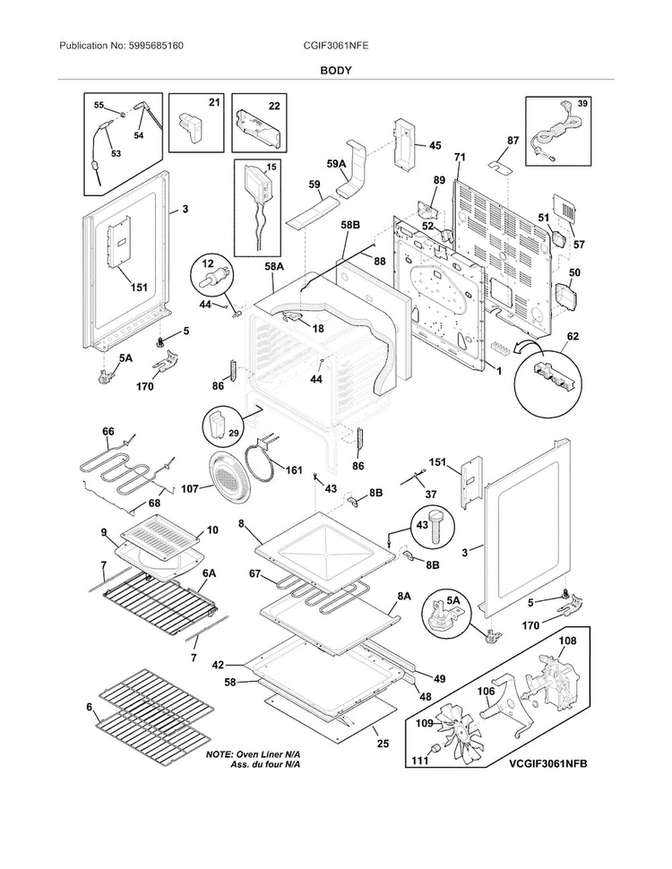 Body Diagram and Parts List for CGIF3061NFE  Frigidaire Range