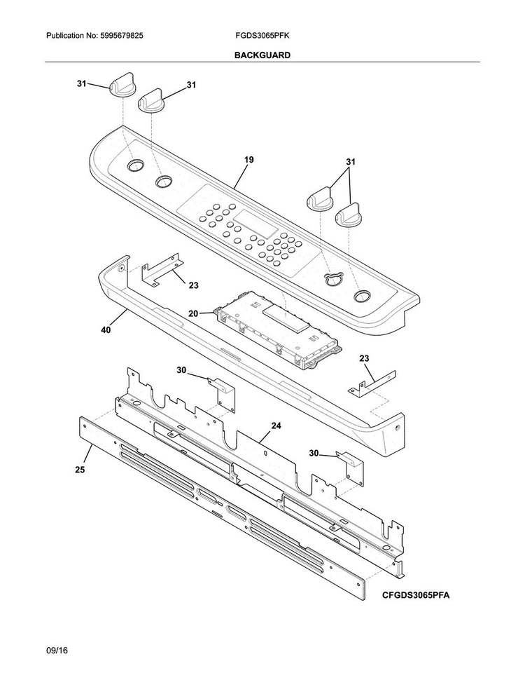 Backguard Diagram and Parts List for FGDS3065PFK  Frigidaire Range