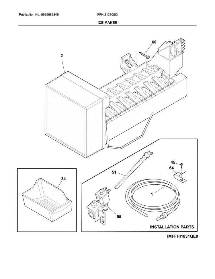 Ice Maker Diagram and Parts List for FFHI2131QS3  Frigidaire Refrigerator