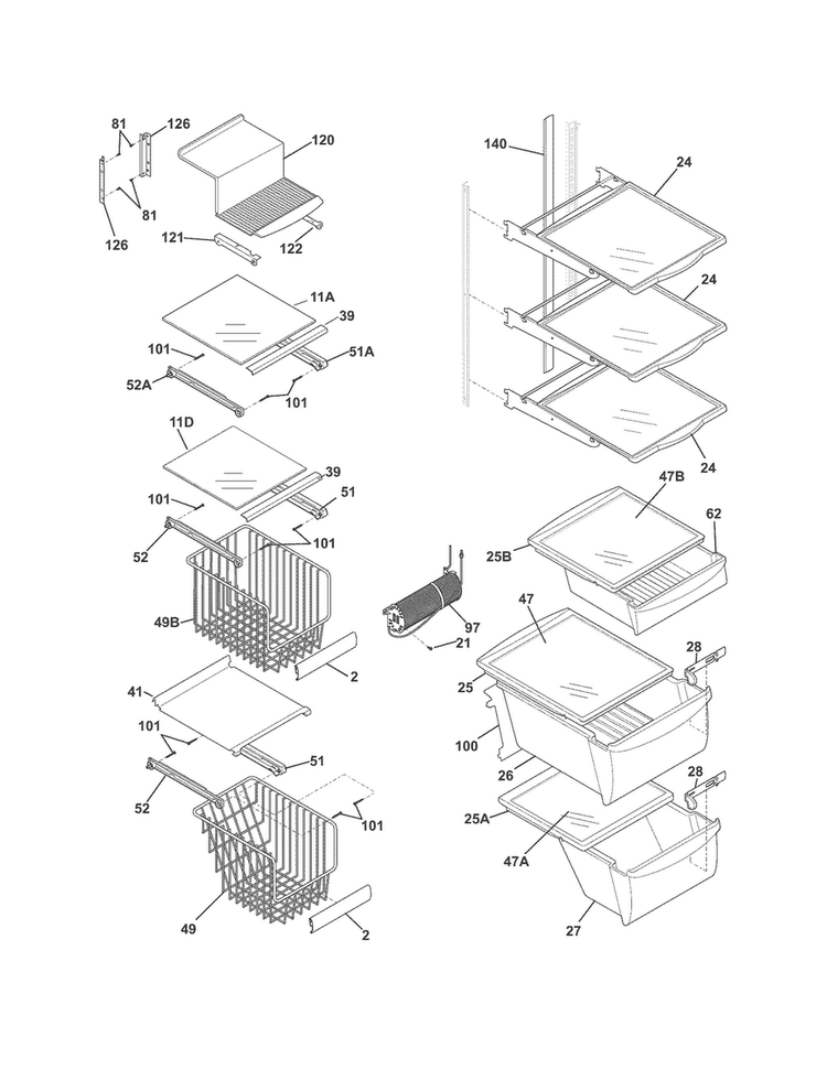 Shelves Diagram and Parts List for FPHC2399PF0  Frigidaire Refrigerator