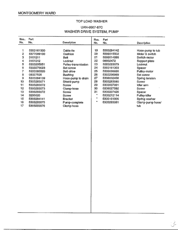Washer Drive System/pump Page 2 Diagram and Parts List for 6507-87C  Frigidaire Washer