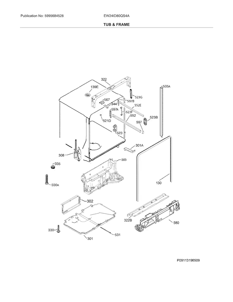 Tub & Frame Diagram and Parts List for EW24ID80QS4A  Electrolux Dishwasher
