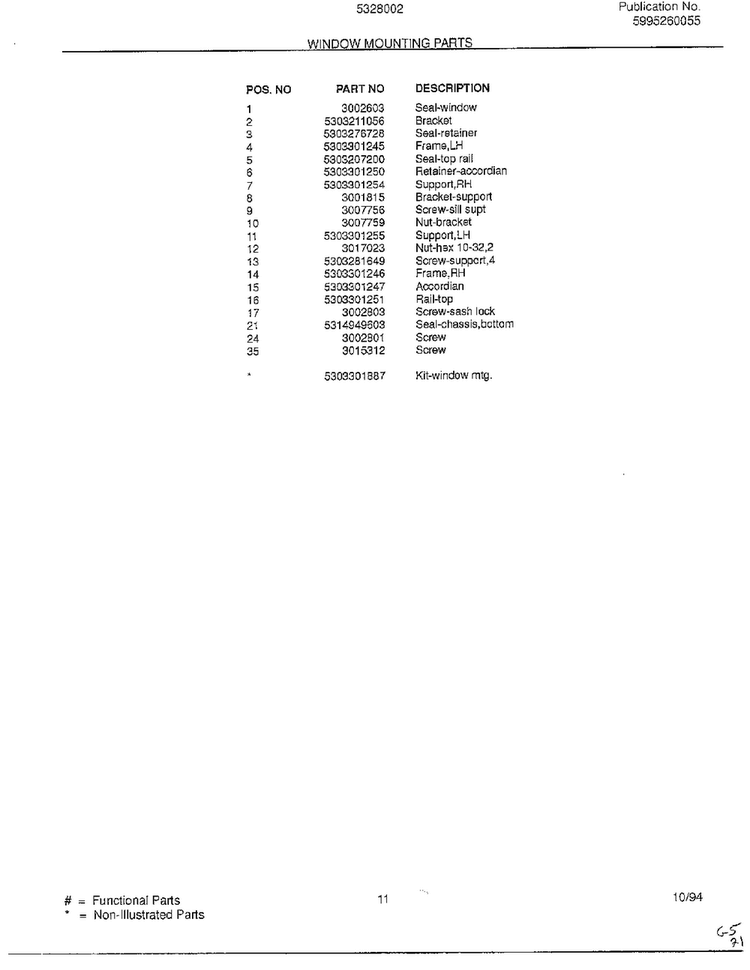 Window Mounting Parts Page 2 Diagram and Parts List for 5328002B  Frigidaire Air Conditioner