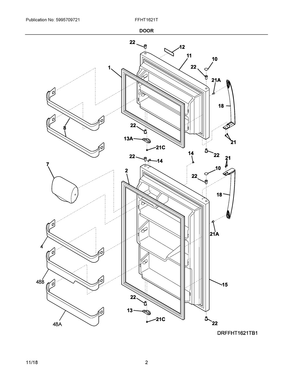 Door Diagram and Parts List for FFHT1621TB1  Frigidaire Refrigerator