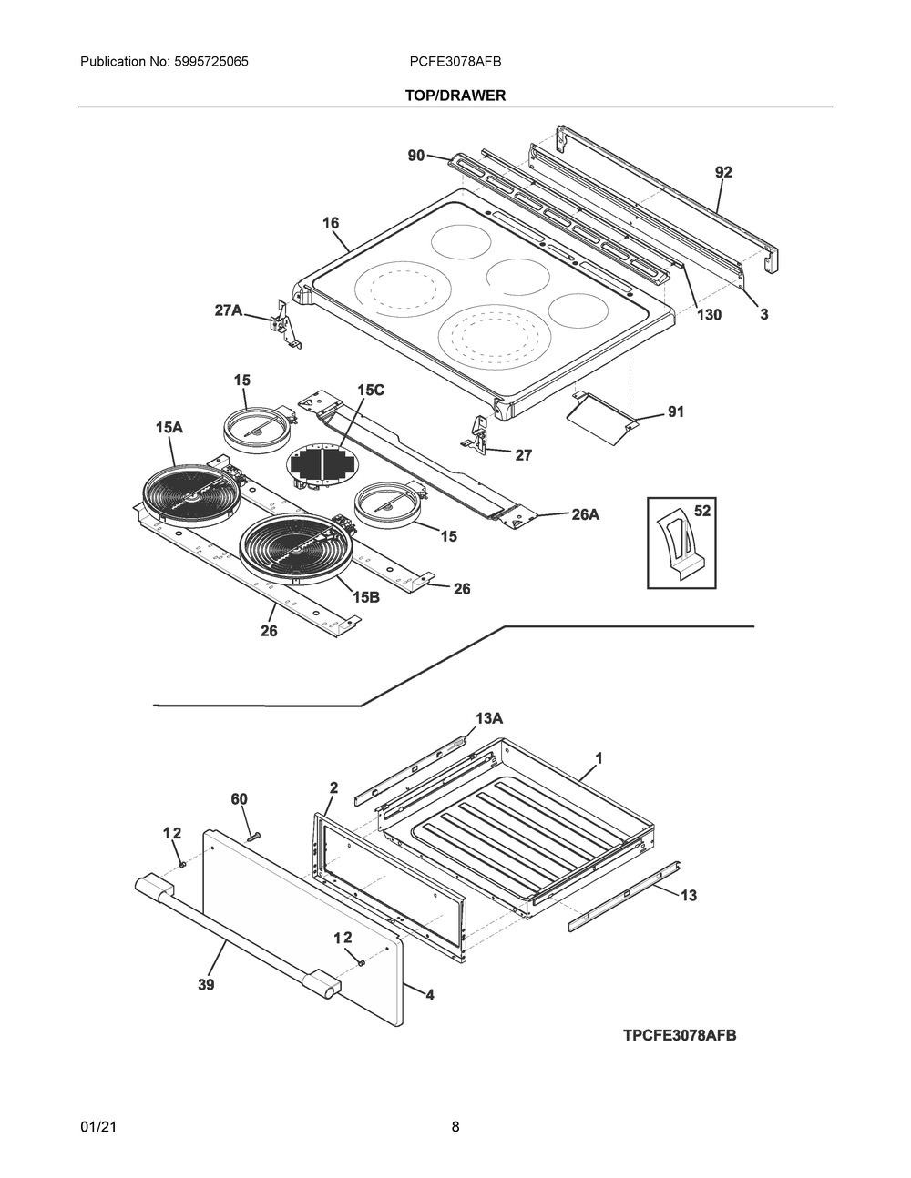 Top/Drawer Diagram and Parts List for PCFE3078AFB  Frigidaire Range