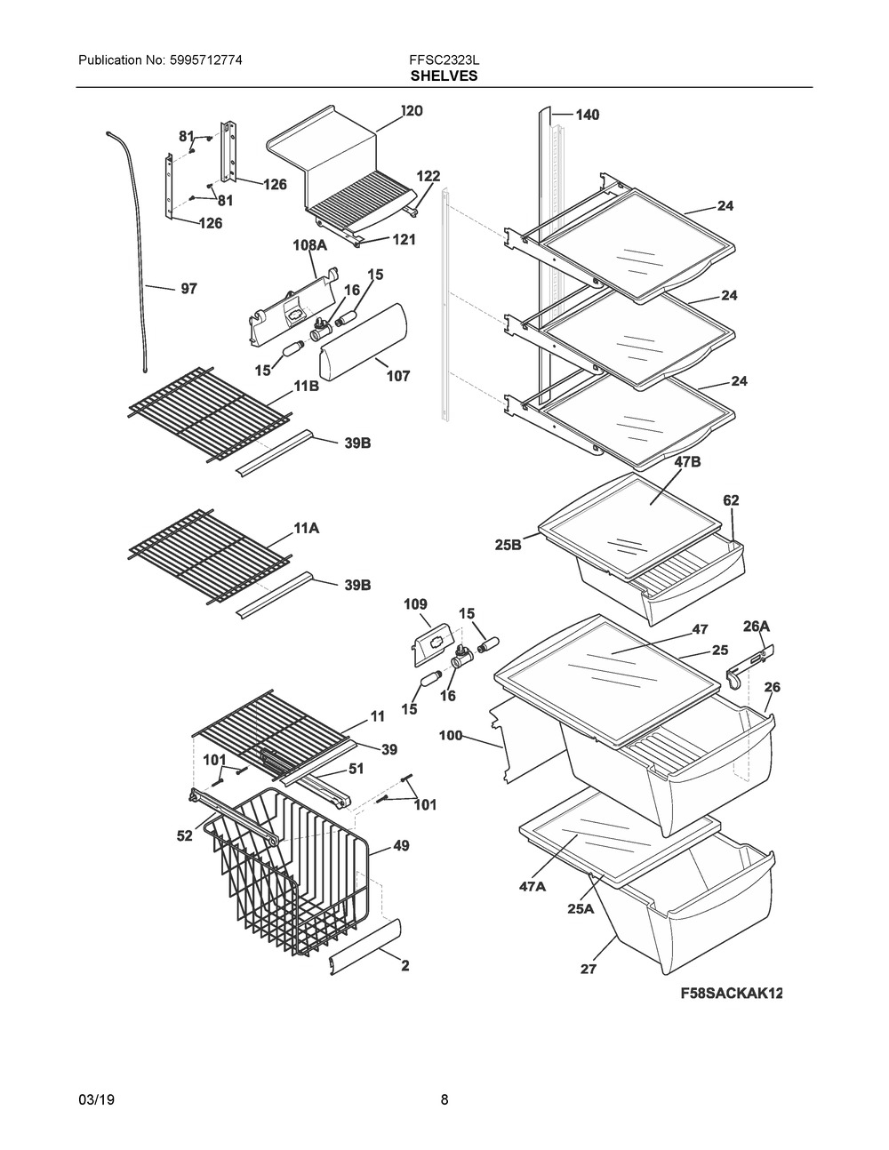 Shelves Diagram and Parts List for FFSC2323LECA  Frigidaire Refrigerator