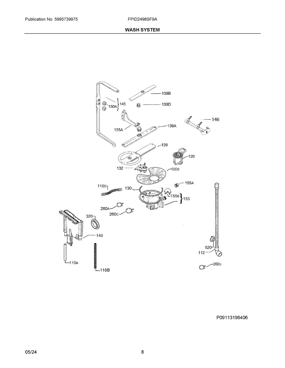 Wash System Diagram and Parts List for FPID2498SF9A  Frigidaire Dishwasher