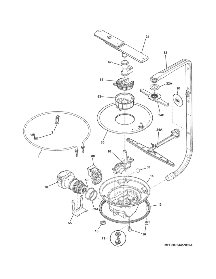 Motor & Pump Diagram and Parts List for FGBD2445NW2A  Frigidaire Dishwasher