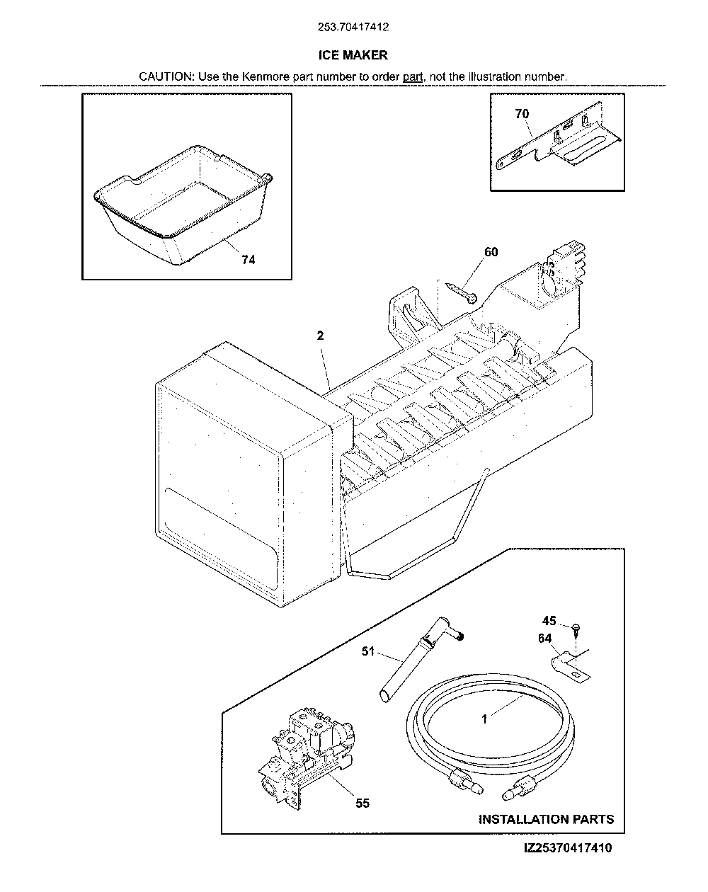 Ice maker Diagram and Parts List for 25370417412  Kenmore Refrigerator