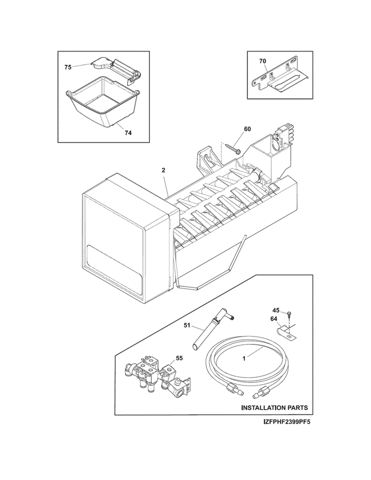 Freezer Ice Maker Diagram and Parts List for FPHF2399PF5  Frigidaire Refrigerator