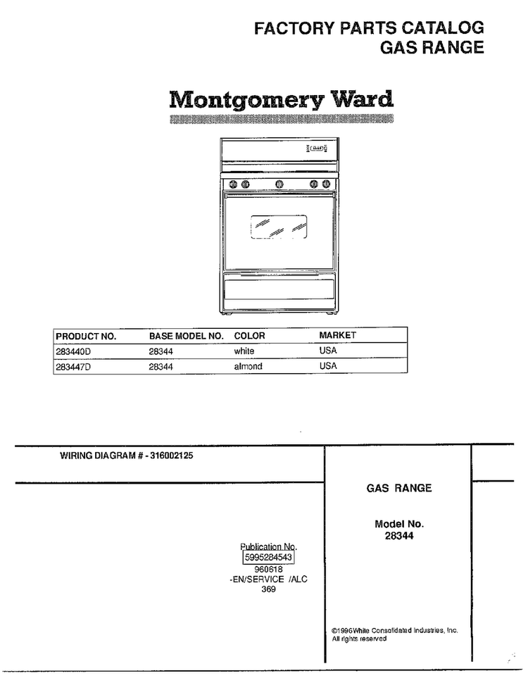 Gas Range Front Cover Diagram and Parts List for 283447D  Frigidaire Range