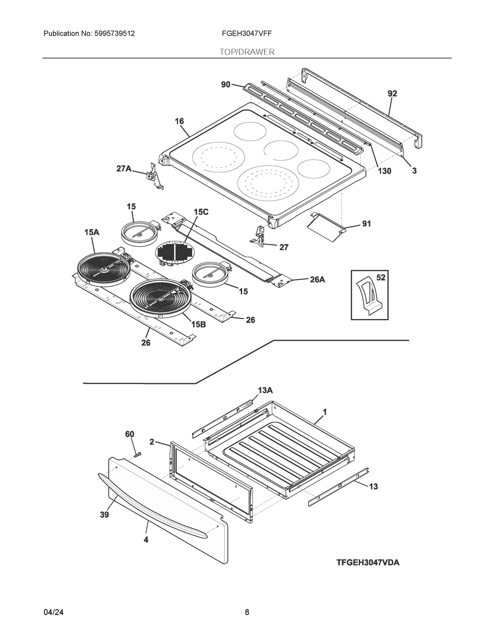 Top/Drawer Diagram and Parts List for FGEH3047VFF  Frigidaire Range
