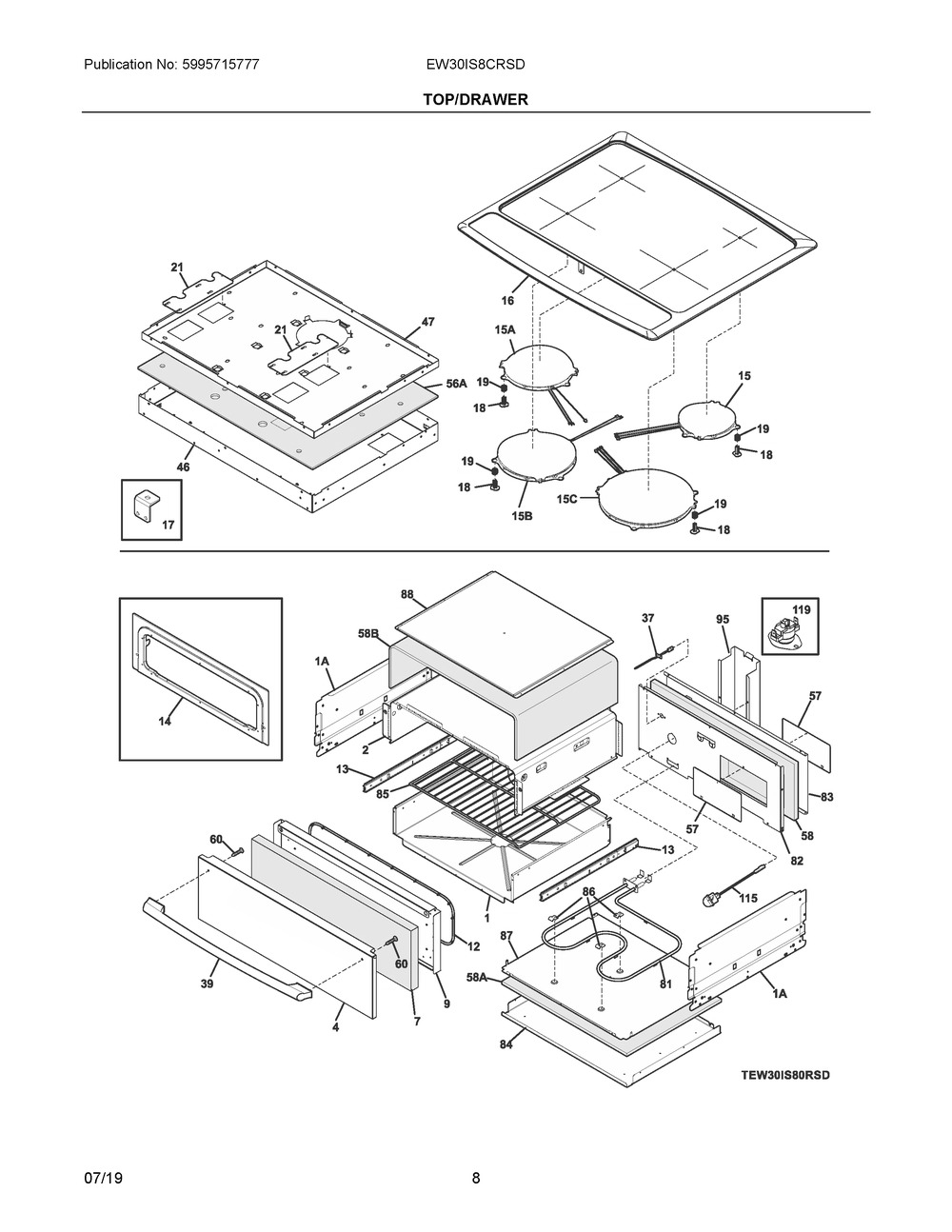 Top/drawer Diagram and Parts List for EW30IS8CRSD  Frigidaire Range
