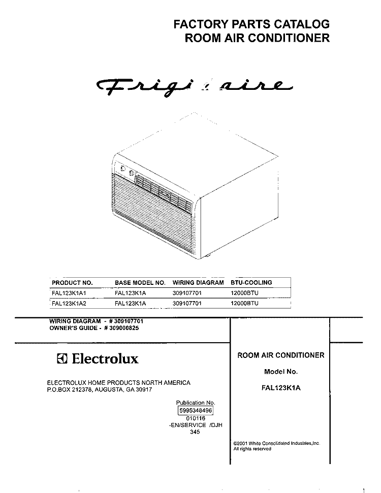 COVER Diagram and Parts List for FAL123K1A2  Frigidaire Air Conditioner