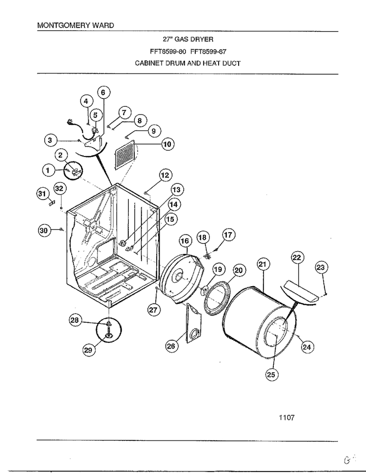 Cabinet Drum And Heat Duct Diagram and Parts List for 8599-87  Frigidaire Dryer