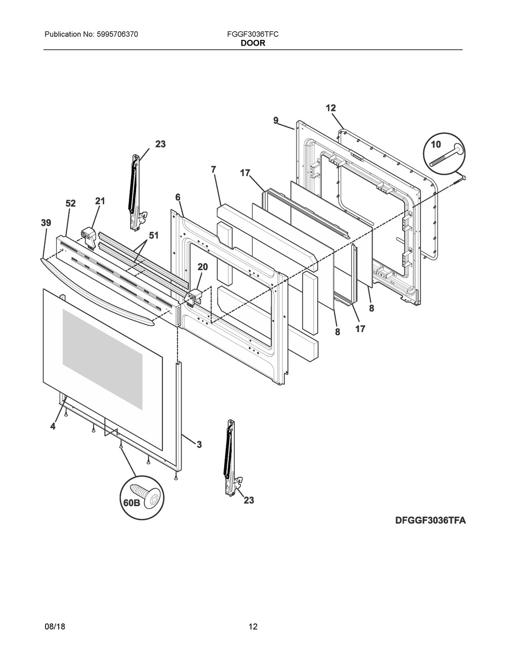 Door Diagram and Parts List for FGGF3036TFC  Frigidaire Range