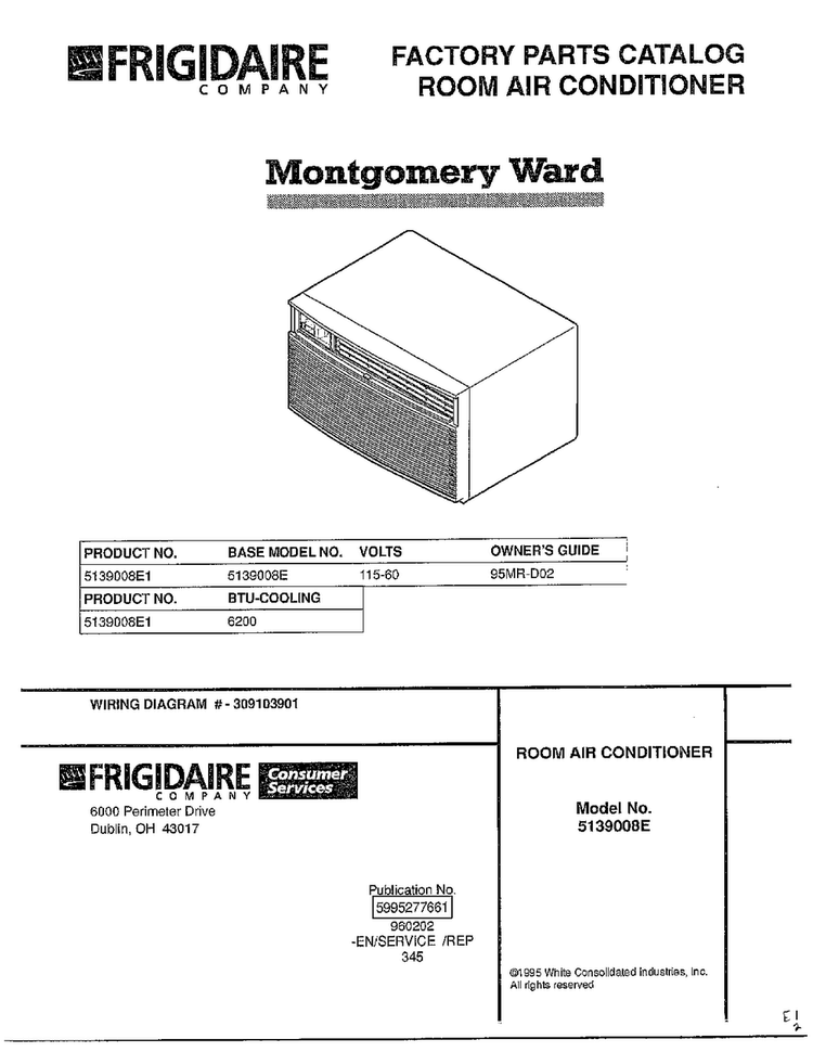 Room Air Conditioner Cover Page Diagram and Parts List for 5139008E1  Frigidaire Air Conditioner