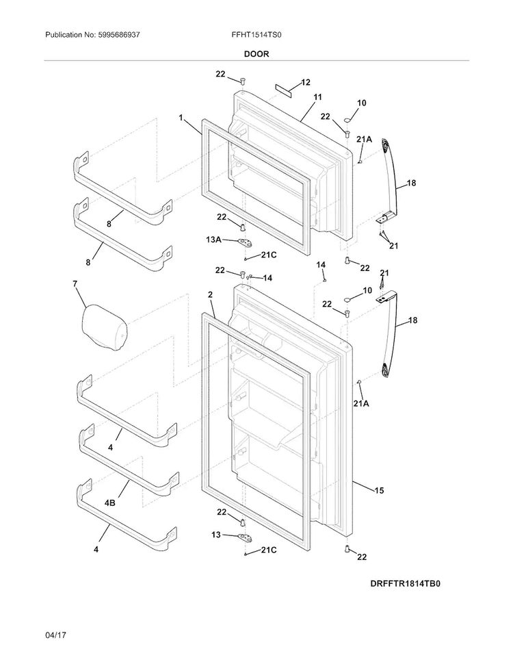 Doors Diagram and Parts List for FFHT1514TS0  Frigidaire Refrigerator