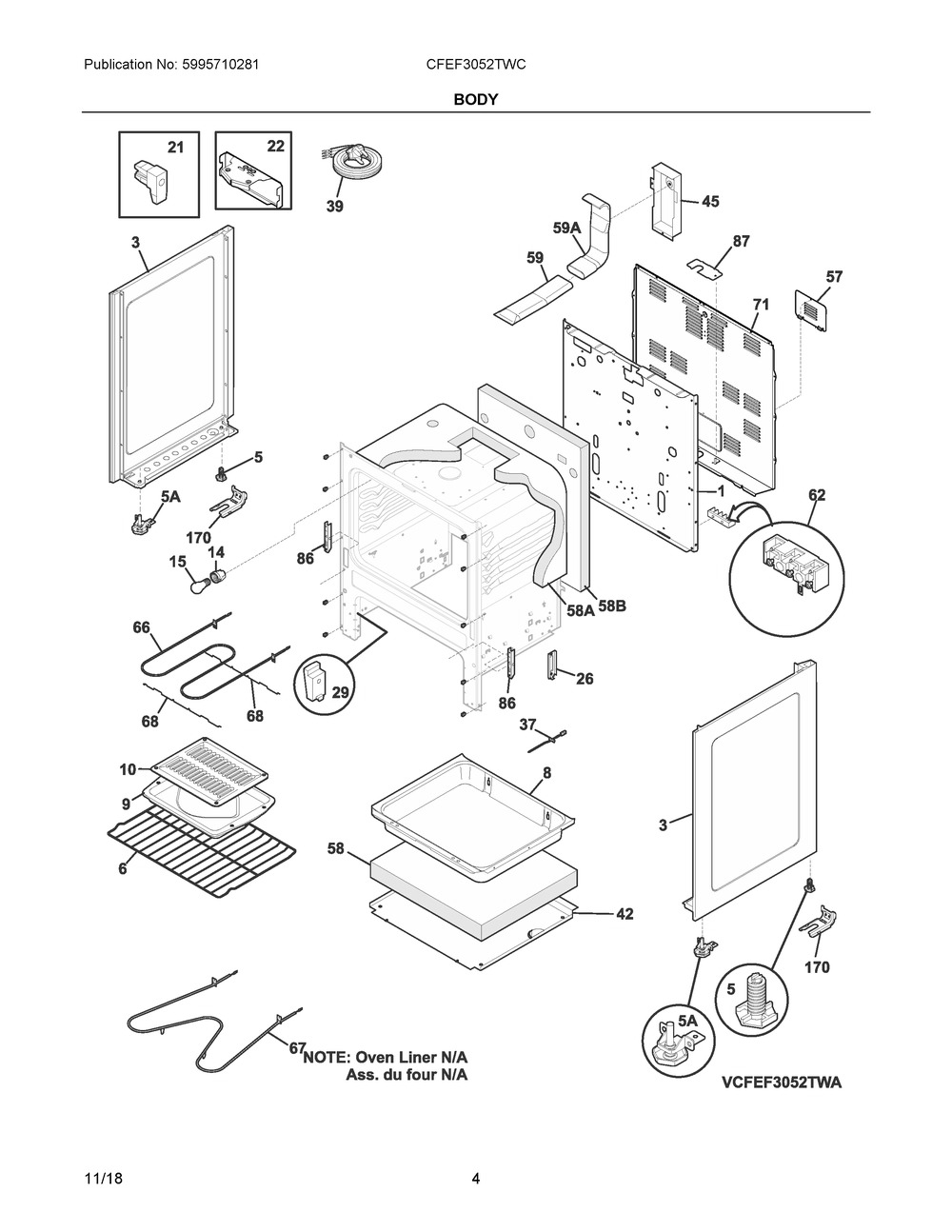 Body Diagram and Parts List for CFEF3052TWC  Frigidaire Range
