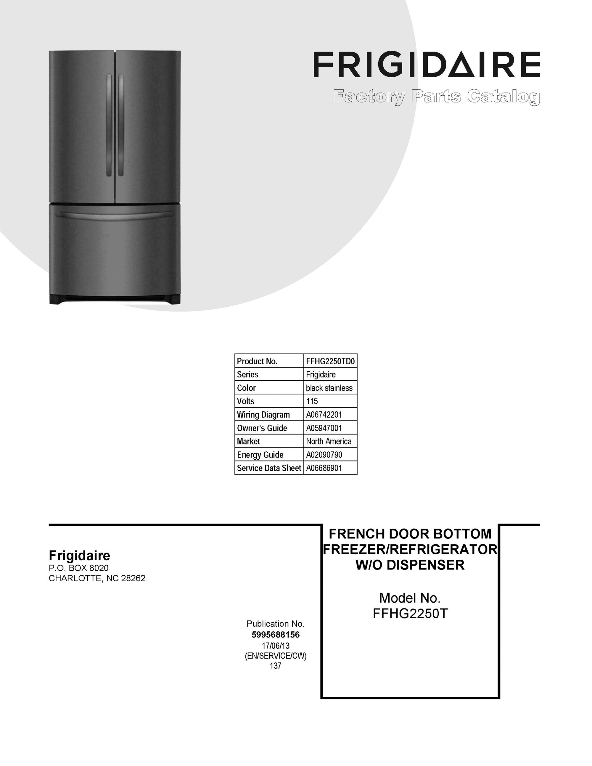 01 - COVER SHEET Diagram and Parts List for FFHG2250TD0  Frigidaire Refrigerator