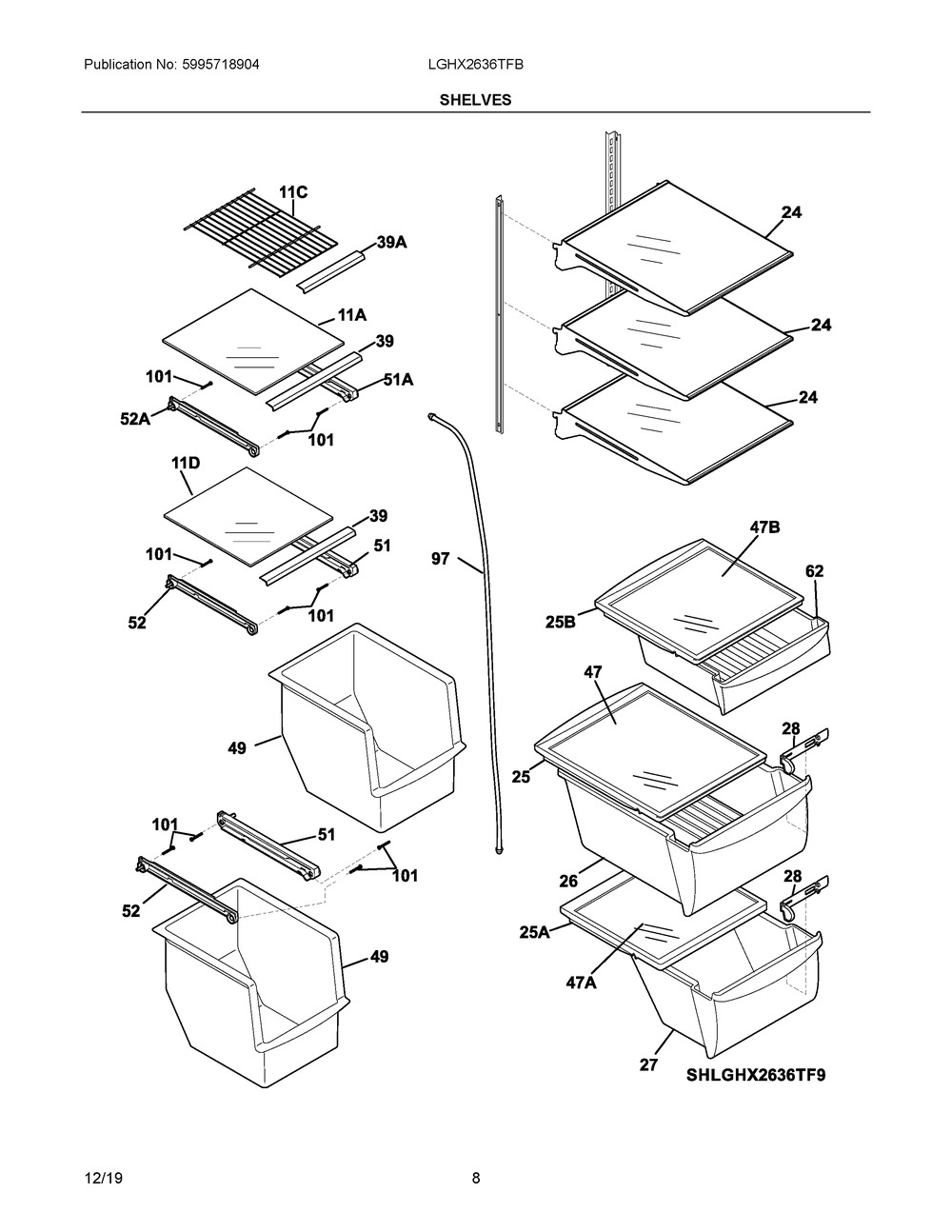 Shelves Diagram and Parts List for LGHX2636TFB  Frigidaire Refrigerator