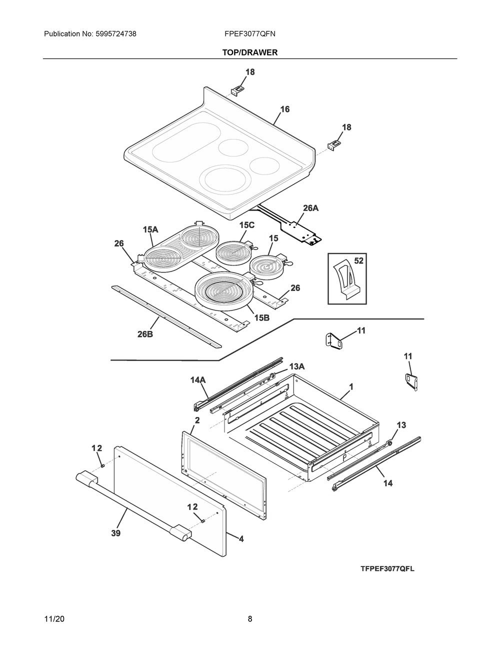 Top/Drawer Diagram and Parts List for FPEF3077QFN  Frigidaire Range