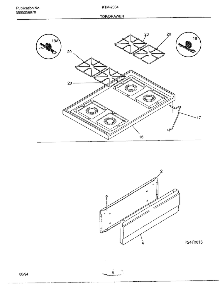 Top/drawer Diagram and Parts List for 2864-80B  Frigidaire Range
