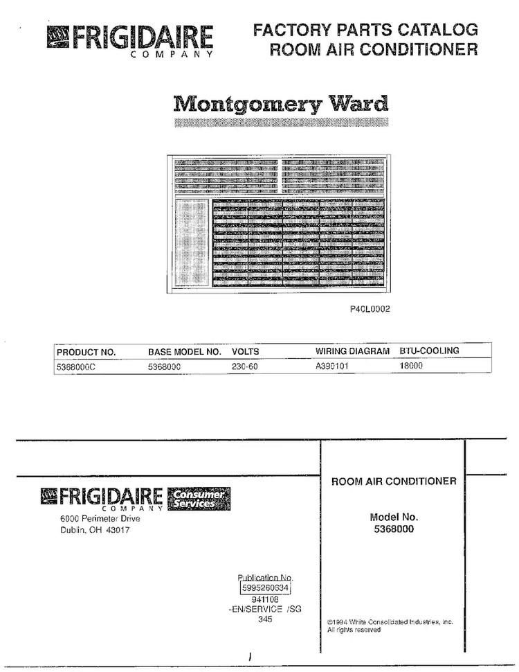 Room Air Conditioner/front Cover Diagram and Parts List for 5368000C  Frigidaire Air Conditioner