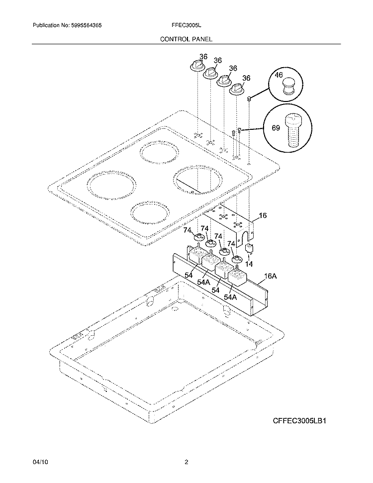 CONTROL PANEL Diagram and Parts List for FFEC3005LS1  Frigidaire Cooktop