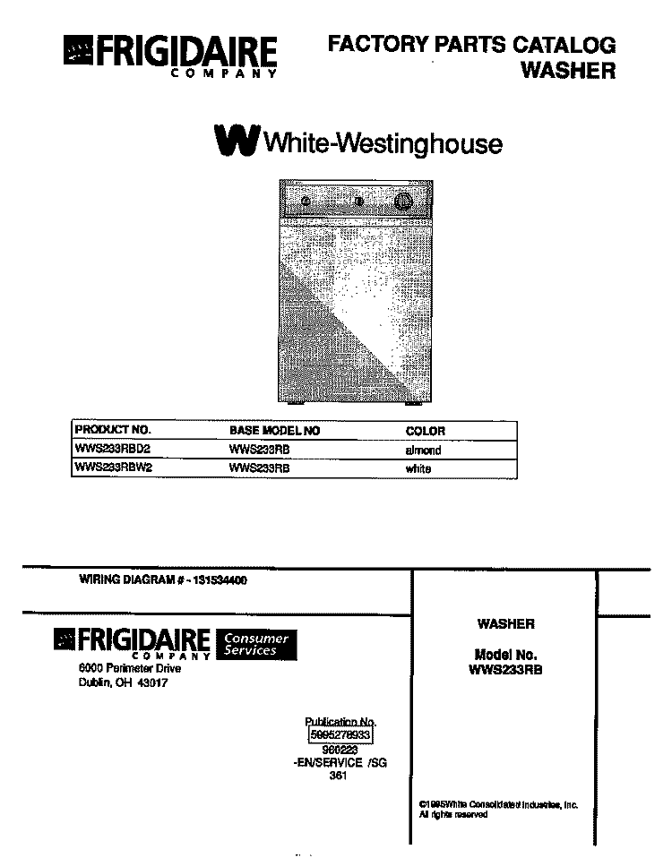 COVER Diagram and Parts List for WWS233RBW2  Frigidaire Washer