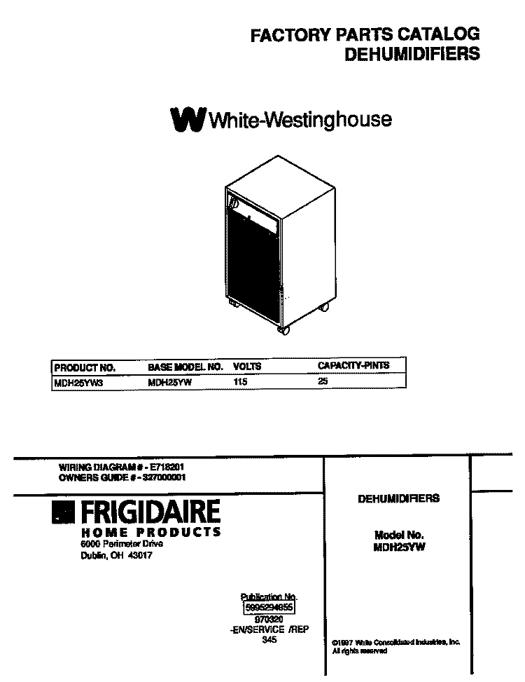 COVER Diagram and Parts List for MDH25YW3  Frigidaire Dehumidifier