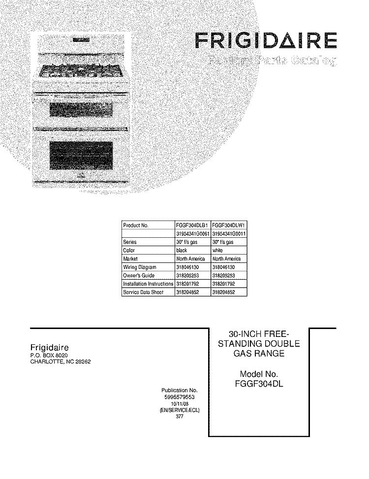 COVER Diagram and Parts List for FGGF304DLB1  Frigidaire Range