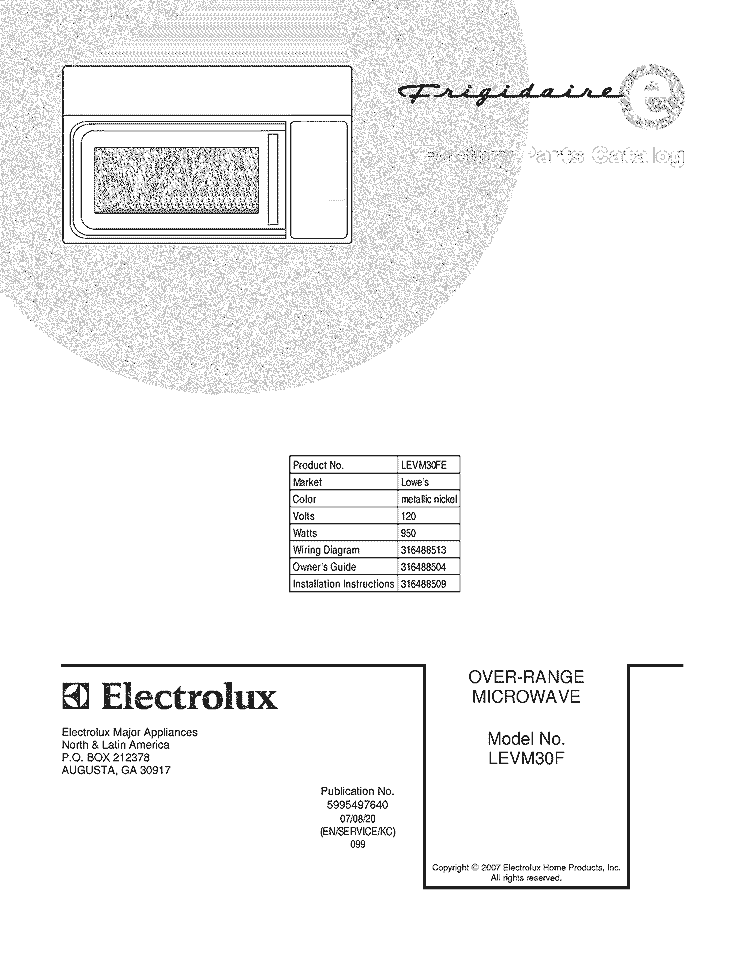 COVER Diagram and Parts List for LEVM30FE  Frigidaire Microwave