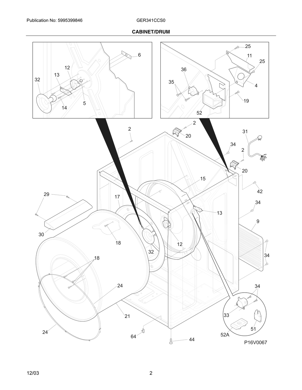 Cabinet/Drum Diagram and Parts List for GER341CCS0  Frigidaire Dryer