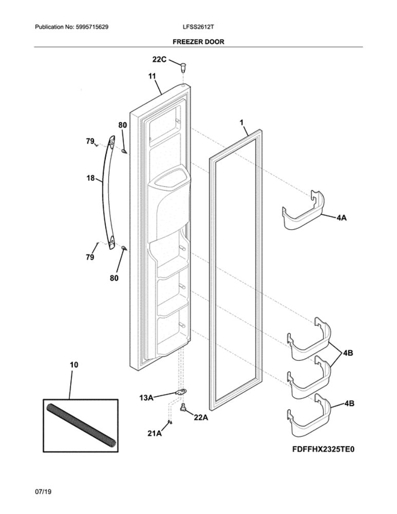 Freezer Door Diagram and Parts List for LFSS2612TE2  Frigidaire Refrigerator