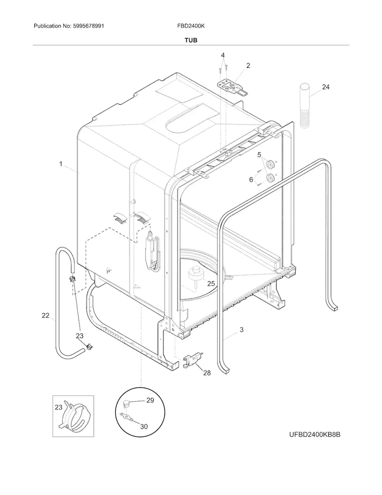 Tub Diagram and Parts List for FBD2400KB10B  Frigidaire Dishwasher