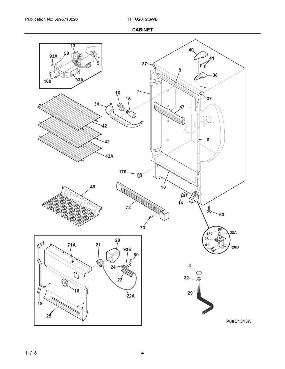 Cabinet Diagram and Parts List for TFFU20F2QWB  Frigidaire Freezer