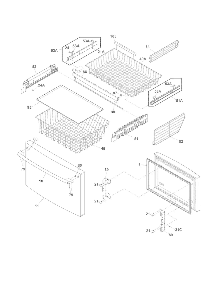 Freezer Drawer, Baskets Diagram and Parts List for EI27BS16JB8  Electrolux Refrigerator