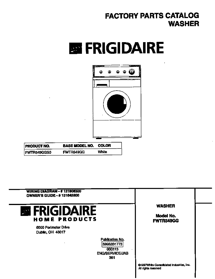 COVER Diagram and Parts List for FWTR549GG  Frigidaire Washer