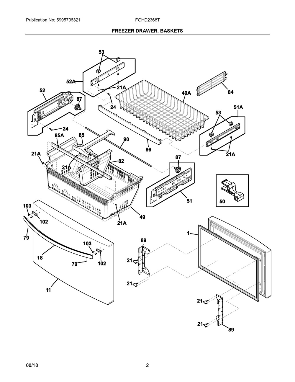 Freezer Drawer, Baskets Diagram and Parts List for FGHD2368TF3  Frigidaire Refrigerator