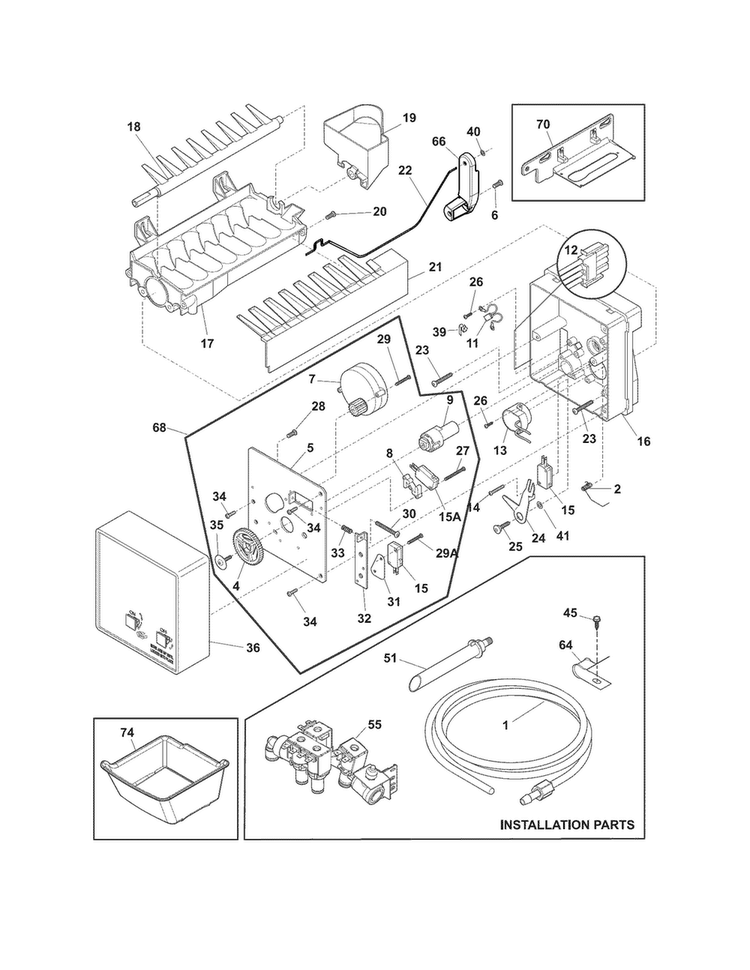 Freezer Ice Maker Diagram and Parts List for EI23BC35KB6  Electrolux Refrigerator