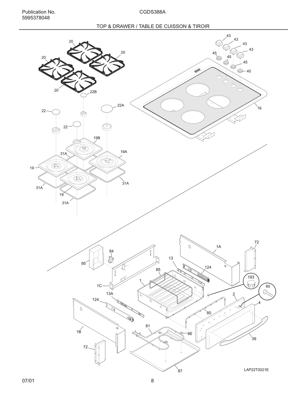 Top And Drawer / Table De Cuisson And Tiroir Diagram and Parts List for CGDS388AB4  Frigidaire Range
