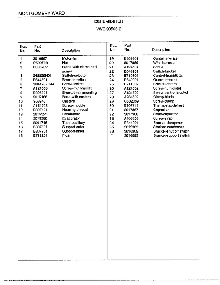 Dehumidifier Page 4 Diagram and Parts List for 93506-2  Frigidaire Dehumidifier