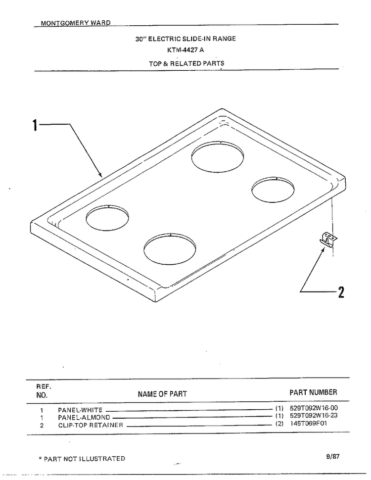 Top And Related Parts Diagram and Parts List for 4427A  Frigidaire Range