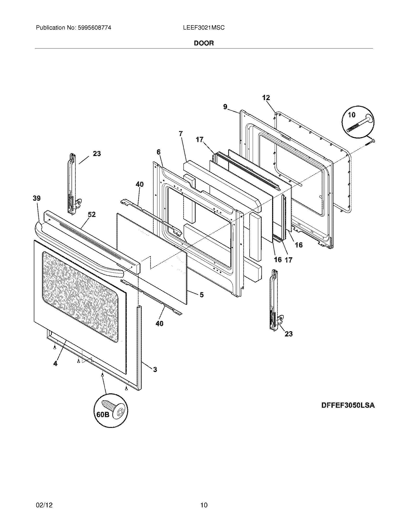 09 - DOOR Diagram and Parts List for LEEF3021MSC  Frigidaire Range