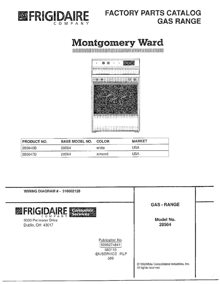 Gas Range Front Cover Diagram and Parts List for 285647B  Frigidaire Range