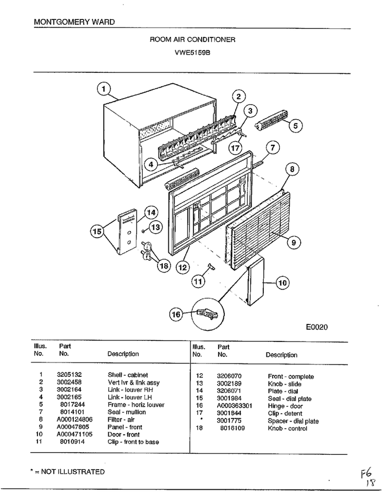 Room Air Conditioner Diagram and Parts List for 5159B  Frigidaire Air Conditioner