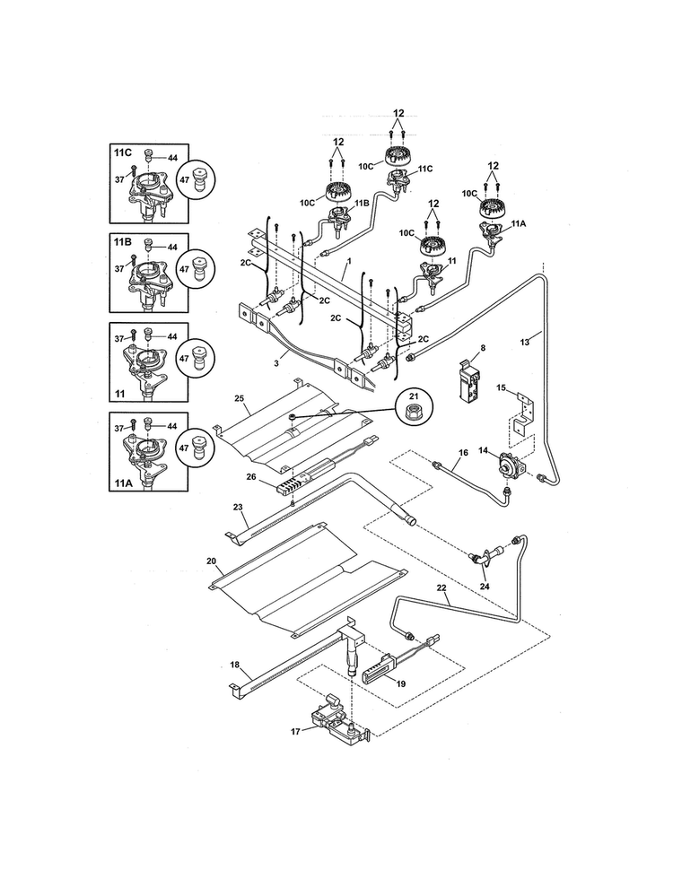 Burner Diagram and Parts List for FFGF3051LSG  Frigidaire Range