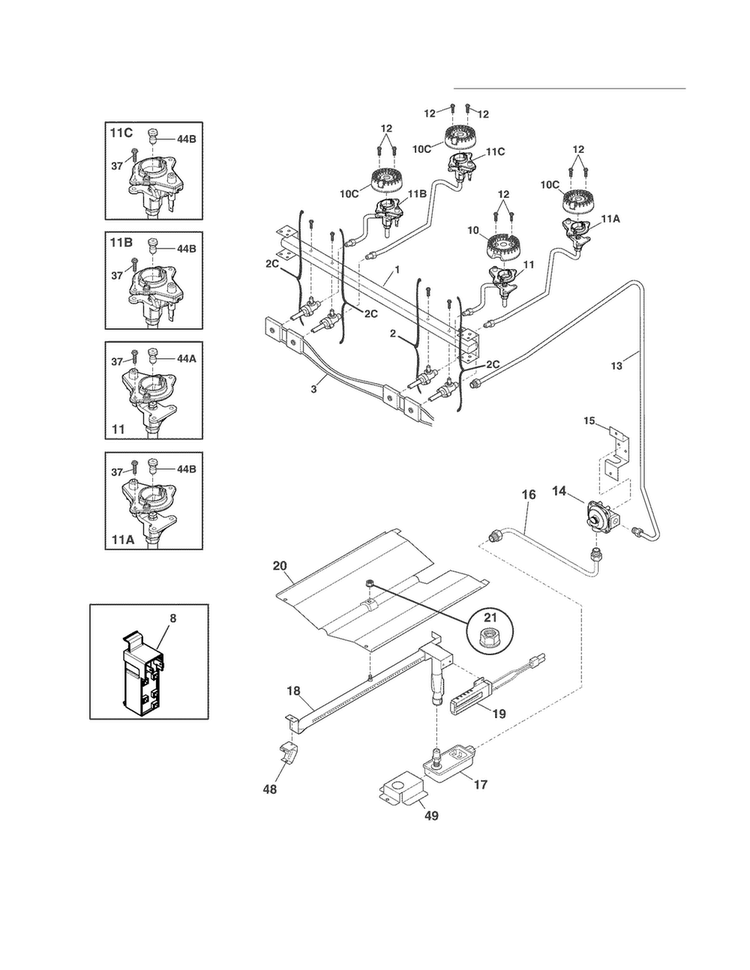 Burner Diagram and Parts List for FFLF3015LMA  Frigidaire Range